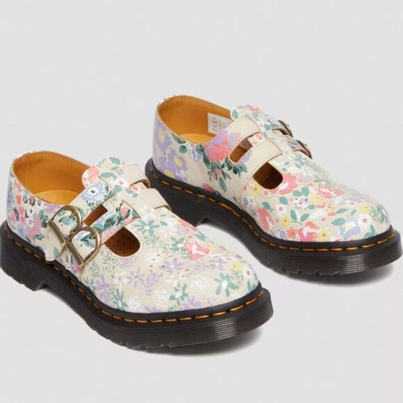 🩵NIB Dr. Martens Parchment Beige Floral Virginia Leather Mary Jane Size 8 - Picture 1 of 16